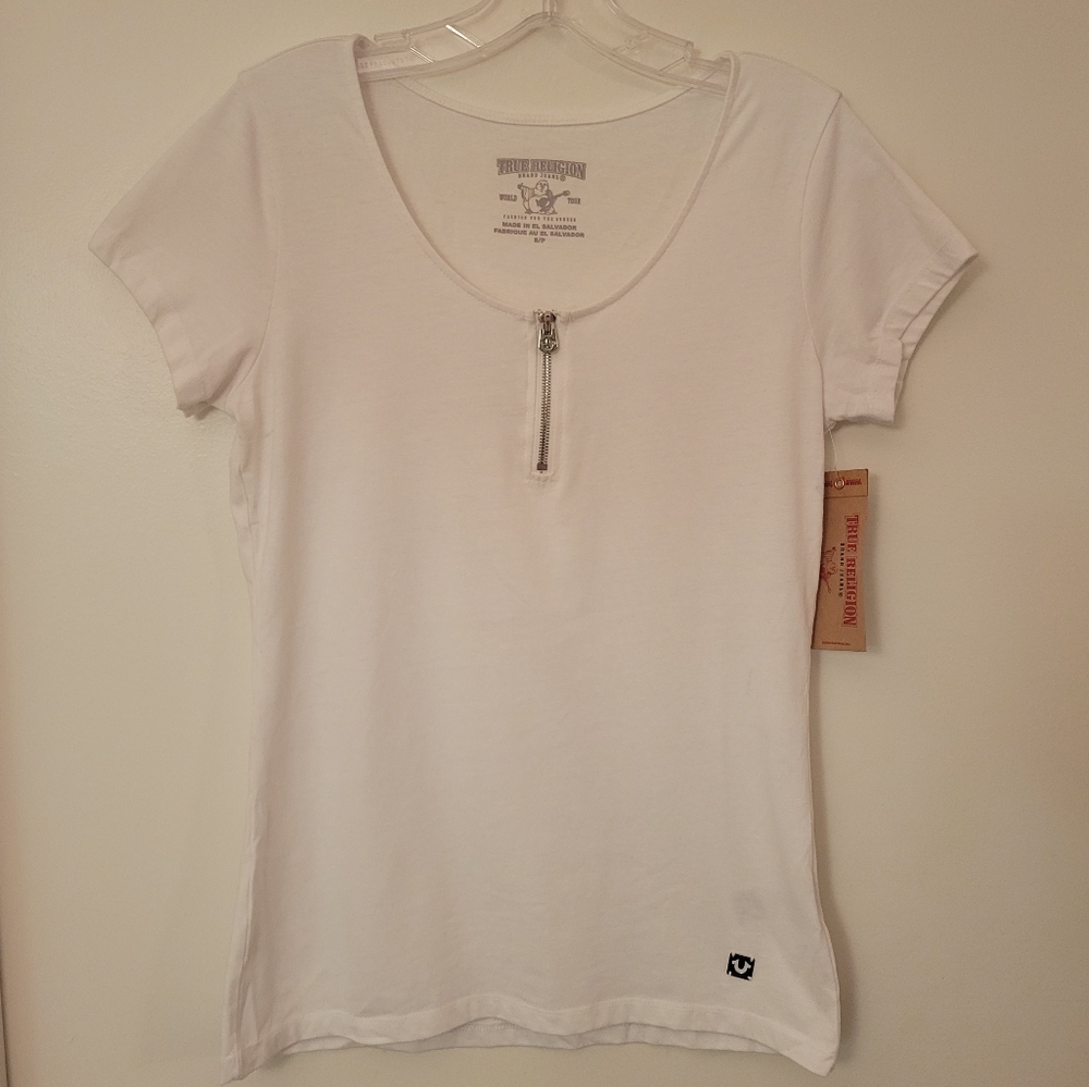 True Religion White Half Zip Tee, Size S